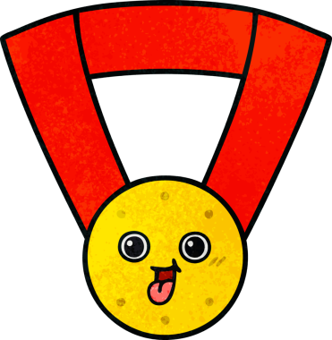 Bir insan tarafından çizilmiş altın madalyanın retro grunge desenli karikatürü