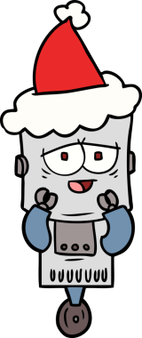 Bir insan tarafından çizilmiş Noel Baba şapkası giyen bir robotun el çizimi.