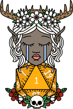 Retro Dövme Tarzı Ağlayan Elf Druid karakteri suratı Bir insan tarafından çizilmiş doğal bir D20 ruloyla