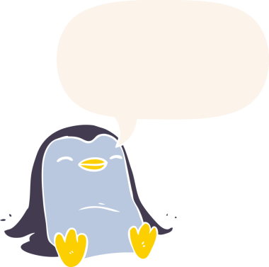 bir insan tarafından çizilmiş, retro tarzı konuşma balonu olan penguen çizgi filmi.