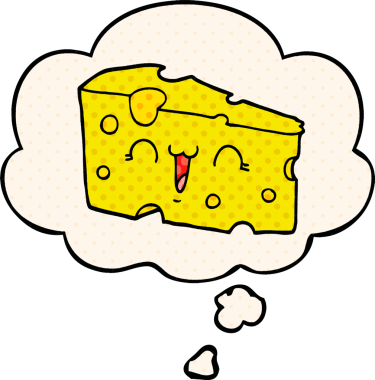Çizgi roman tarzında bir insan tarafından çizilmiş düşünce baloncuklu çizgi film peyniri.