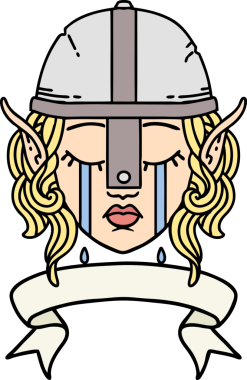 Retro Dövme Tarzı Ağlayan Elf Savaşçısı karakteri bir insan tarafından çizilmiş pankartıyla