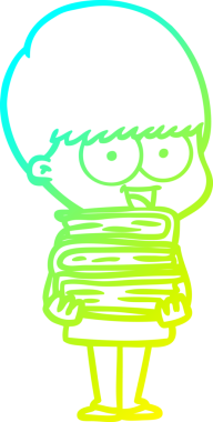 Bir insan tarafından çizilmiş kitapları tutan mutlu bir çizgi film çocuğunun çizimi.