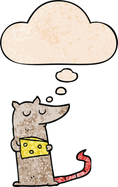 Düşünce baloncuklu peynirli çizgi film faresi bir insan tarafından çizilmiş grunge doku tarzı.