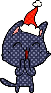 Mutlu el çizimi çizgi roman tarzı Noel Baba şapkası takan bir kedinin insan tarafından çizilmiş resmi.