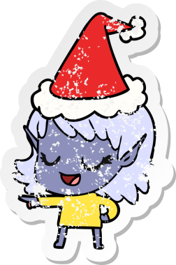 Mutlu el çizimi, insan tarafından çizilmiş Noel Baba şapkası takan elf bir kızın üzgün çıkartması.