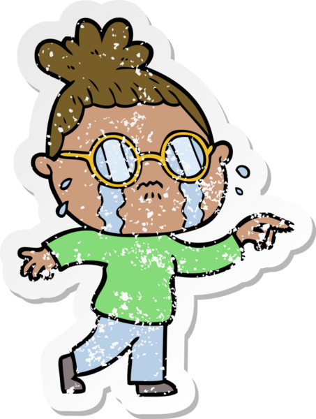 Bir insan tarafından çizilmiş gözlüklü, ağlayan bir karikatür çıkartması.