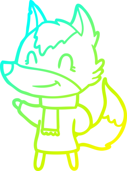 Bir insan tarafından çizilmiş kışlık giysili, dost canlısı bir kurt çizgi çizimi.