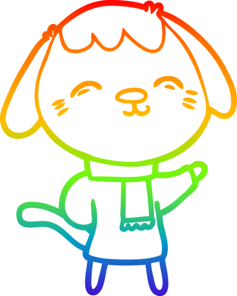 Gökkuşağı gradyan çizgisi insan tarafından çizilmiş kış kıyafetleri içinde mutlu bir çizgi köpeğin çizimi