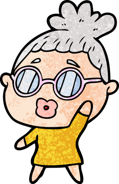 Bir insan tarafından çizilmiş gözlüklü bir karikatür kadın.