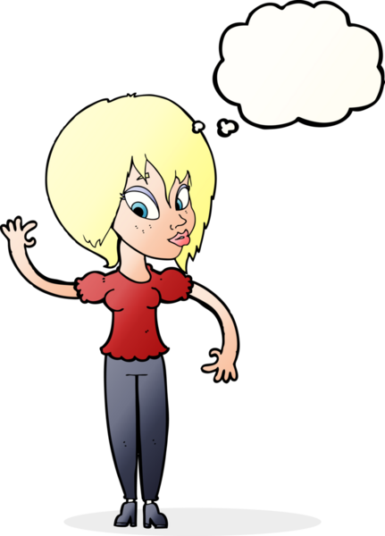 Bir insan tarafından çizilmiş düşünce baloncuğuyla el sallayan çizgi film kadını.