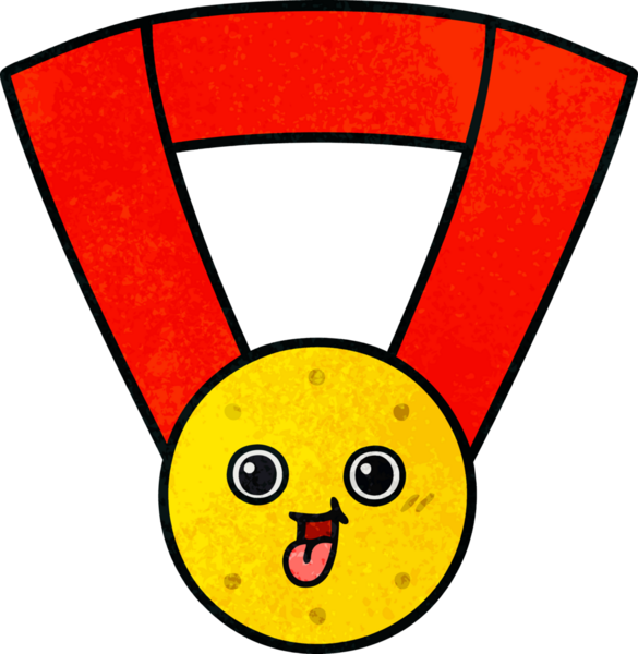 Bir insan tarafından çizilmiş altın madalyanın retro grunge desenli karikatürü