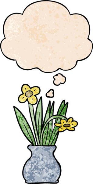 Bir insan tarafından çizilmiş grunge desen tarzında düşünce baloncuğu olan saksıdaki karton çiçek.