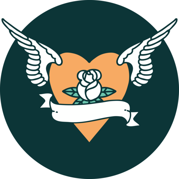 Kanatlı kalbin ikonik dövmesi. Bir insan tarafından çizilmiş gül ve bayrak.