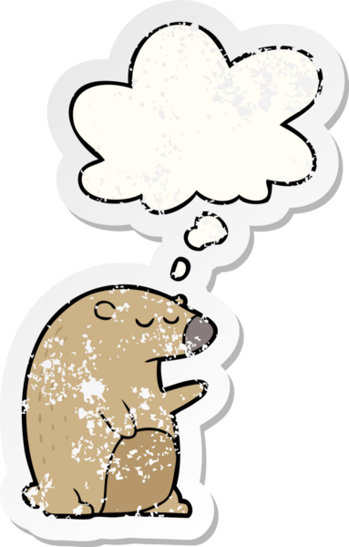 Düşünce baloncuğu olan çizgi film ayısı bir insan tarafından çizilmiş yıpranmış bir çıkartma.