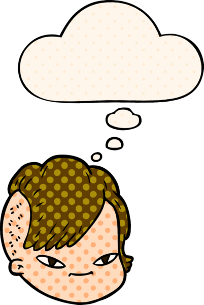 Çizgi roman tarzında bir insan tarafından çizilmiş düşünce baloncuğu olan kadın yüzü.