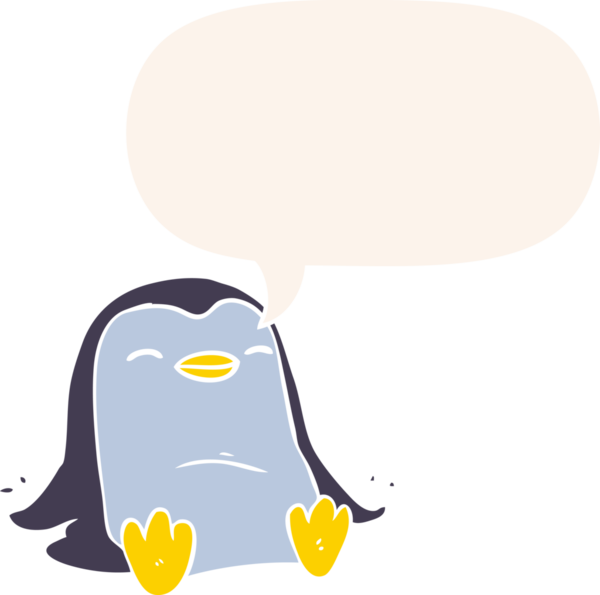 bir insan tarafından çizilmiş, retro tarzı konuşma balonu olan penguen çizgi filmi.