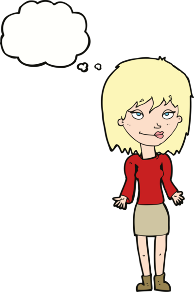 Bir insan tarafından çizilmiş düşünce baloncuğuyla omuz silken çizgi film kadını.