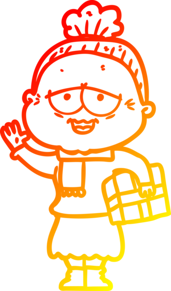 Bir insan tarafından çizilmiş mutlu, yaşlı bir kadının sıcak çizgi çizimi.