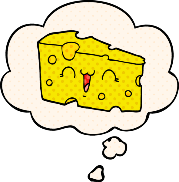 Çizgi roman tarzında bir insan tarafından çizilmiş düşünce baloncuklu çizgi film peyniri.