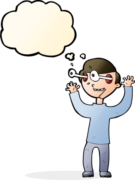 Bir insan tarafından çizilmiş düşünce baloncuğuyla gözleri fırlayan çizgi film adamı.