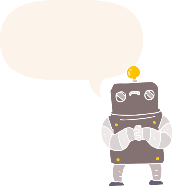 bir insan tarafından çizilmiş, konuşma baloncuklu çizgi film robotu.