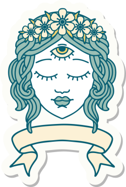 Dövme stili çıkartma, kadın yüzü pankartı, üçüncü göz ve bir insan tarafından çizilmiş çiçek taçı.