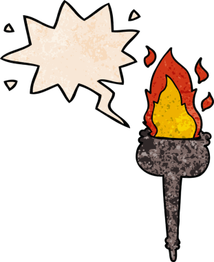 Bir insan tarafından çizilmiş eski dokuda konuşma baloncuğu olan çizgi film alevli kadehi.