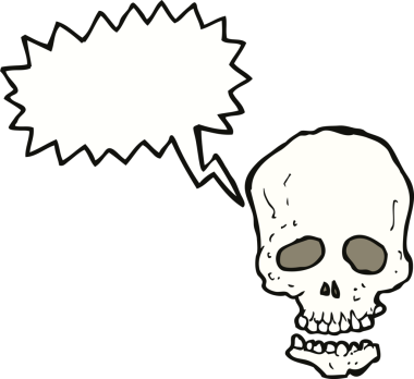 Bir insan tarafından çizilmiş, konuşma baloncuklu bir kafatası.