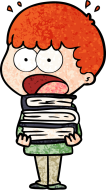 Bir insan tarafından çizilmiş kitap yığınıyla şok olmuş bir çocuk.