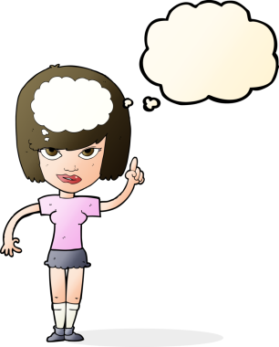 Bir insan tarafından çizilmiş düşünce baloncuğu fikri olan karikatür kadın.