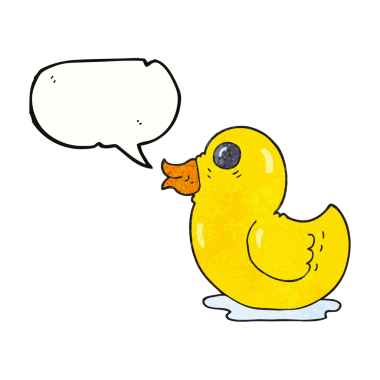 Bir insan tarafından çizilmiş serbest konuşma balonu desenli plastik ördek.