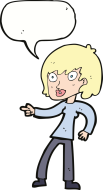 Bir insan tarafından çizilmiş bir konuşma balonuyla işaret eden çizgi film kadını.