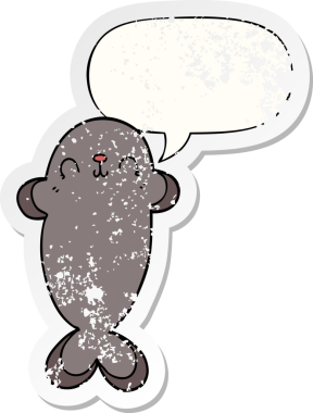 Konuşma baloncuklu karikatür mührü bir insan tarafından çizilmiş sıkıntılı eski bir çıkartma