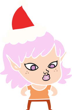 Bir insan tarafından çizilmiş Noel Baba şapkası giyen bir elf kızının güzel düz çizilmiş resmi.