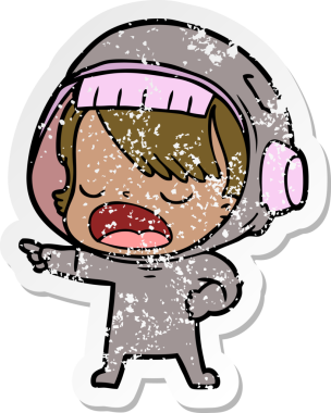 Bir insan tarafından çizilmiş sıkıntılı bir karikatür çıkartması konuşan astronot.