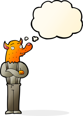 Bir insan tarafından çizilmiş düşünce balonlu tilki kafalı karikatür adam.