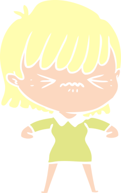 Bir insan tarafından çizilmiş düz renkli çizgi film kızı.