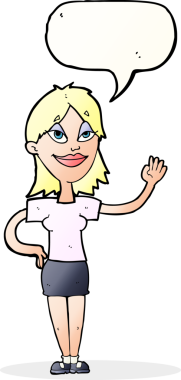 Bir insan tarafından çizilmiş bir konuşma balonuyla el sallayan çizgi film kadını.