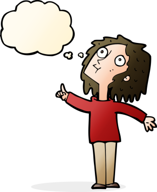 Bir insan tarafından çizilmiş düşünce baloncuğu olan meraklı bir kadın.