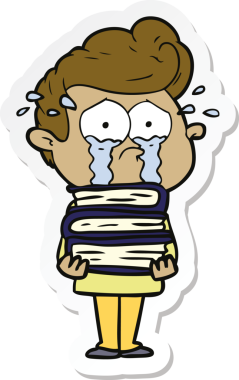 Bir insan tarafından çizilmiş kitap yığınıyla ağlayan bir çizgi film öğrencisinin çıkartması.