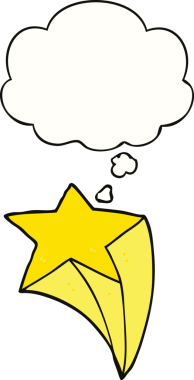 Bir insan tarafından çizilmiş düşünce balonuyla kayan bir çizgi film yıldızı.