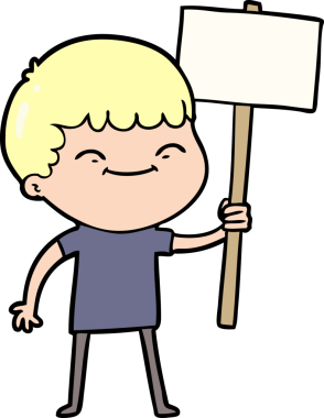 Bir insan tarafından çizilmiş pankartlı gülümseyen çocuk.