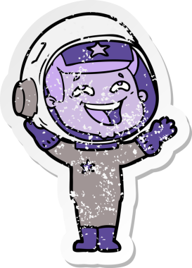 Bir insan tarafından çizilmiş gülen astronot çizgi filminin sıkıntılı çıkartması.