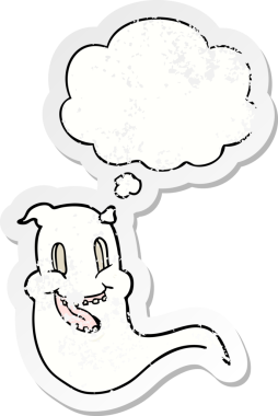 Düşünce baloncuğu olan karikatür hayaleti bir insan tarafından çizilmiş yıpranmış bir çıkartma.