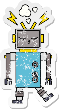 Bir insan tarafından çizilmiş arızalı bir robot çizgi film çıkartması.