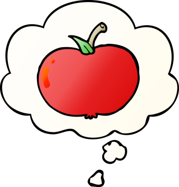 bir insan tarafından çizilmiş yumuşak eğimli düşünce baloncuklu çizgi film elması
