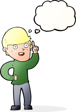 Bir insan tarafından çizilmiş düşünce baloncuğu fikri olan çizgi film çocuğu.