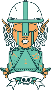 Retro Dövme Tarzı Ağlayan Elf Savaşçısı karakteri yüzü ve bir insan tarafından çizilmiş D20 rulosu.