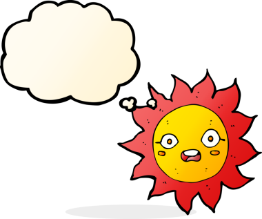 Bir insan tarafından çizilmiş düşünce baloncuklu çizgi film güneşi.